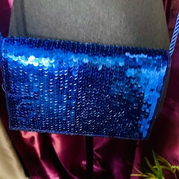 Royal Blue Sequin Evening Bag with Strap - Picture 2 of 4
